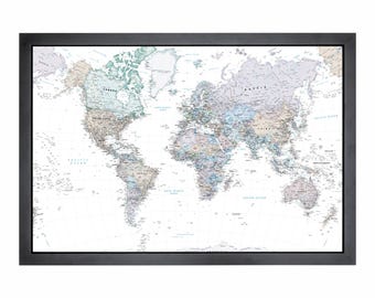 Vintage Framed Pushpin World Map | 36" x 24" | Historic White
