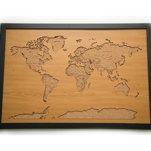 Encadrée 36"x24" Belle carte du monde en liège en bois découpé au laser 3D (Version 2)