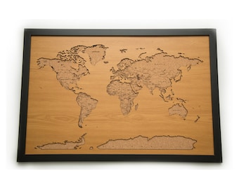 Framed 36"x24" 3D Beautiful Laser Cut Wood Cork World Map  (Version 2)