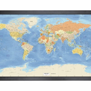 Carte du monde encadrée avec épingles | 36 x 24 po. | Couleurs rétro Miller très détaillées