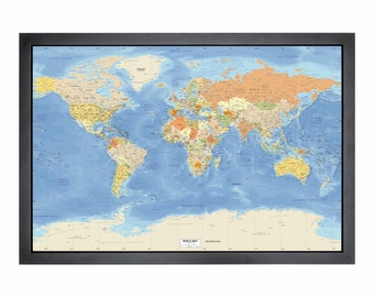 Framed Pushpin World Map | 36" x 24" | Highly Detailed Miller Retro Colours
