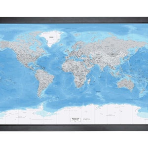 Carte du monde encadrée avec épingles | 36 x 24 po. | Couleurs Miller très détaillées en niveaux de gris