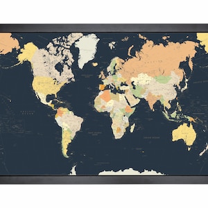 Carte du monde détaillée avec épingles aux couleurs rétro | 36 x 24 po. ou 24 po. x 18 po.