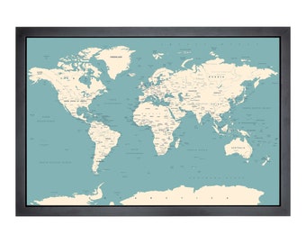 Pushpin world map | 36" x 24" or 24" x 18" | Inverse Blue Land (Straight)