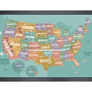 Carte des Etats-Unis avec épingles | 36 x 24 po. ou 24 po. x 18 po. | USA dessinés à la main
