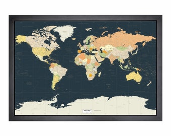 Framed Pushpin World Map | 36" x 24" | Highly Detailed Miller Retro Colours