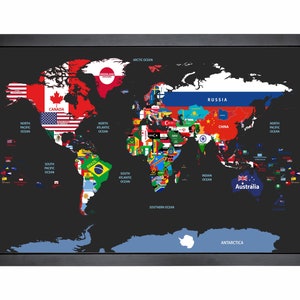 Carte du monde avec épingles 36 x 24 po. Carte des drapeaux du monde