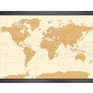 May include: A vintage-style world map with a beige background and brown continents. The map is framed in a black frame.