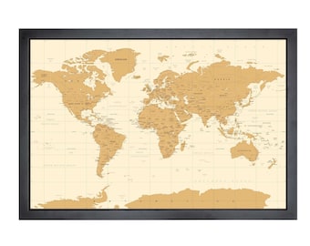 Pushpin world map | 36" x 24" or 24" x 18" | Gold Monochrome (Straight)