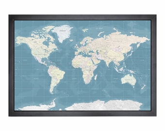 Pushpin world map | 36" x 24" or 24" x 18" | Textured Colours on Blue