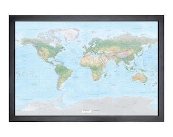 Framed Pushpin World Map | 36" x 24" | Highly Detailed Miller Natural Earth Light Blue Water