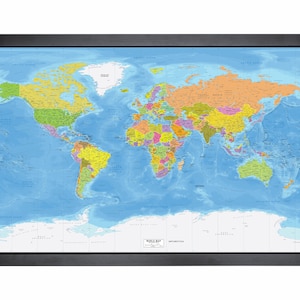 Carte du monde encadrée avec épingles | 36 x 24 po. | Couleurs vives Miller très détaillées