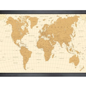 Pushpin world map | 36&quot; x 24&quot; or 24&quot; x 18&quot; | Gold Monochrome (Wrap)
