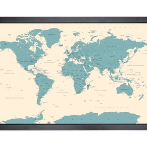 Carte du monde avec épingles | 36 x 24 po. ou 24 po. x 18 po. | Blue Land vintage (droit)
