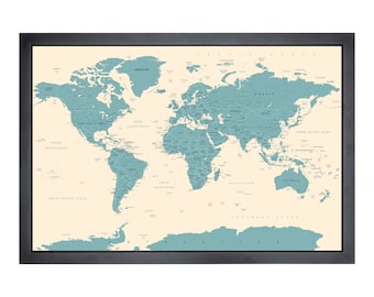 Pushpin World Map | 36" x 24" or 24" x 18" | Vintage Blue Land (Straight)