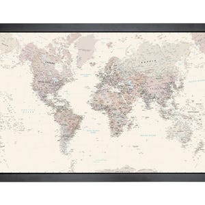 Carte du monde détaillée en couleurs neutres | 36 x 24 po. ou 24 po. x 18 po.