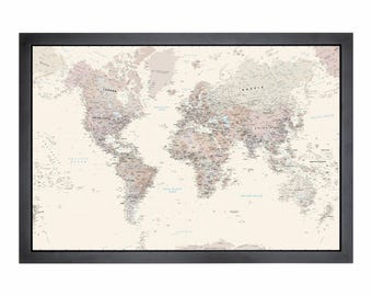 Neutral Colours Detailed Pushpin World Map | 36" x 24" or 24" x 18"