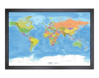 Framed Pushpin World Map | 36" x 24" | Highly Detailed Miller with Elevation Textures