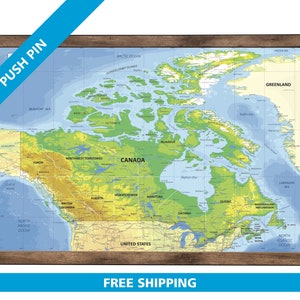 Carte du Canada avec épingles | 36 x 24 po. ou 24 po. x 18 po. | Altitude de transport détaillée