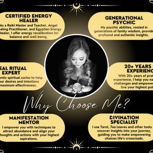 May include: A woman with long brown hair is holding a crystal ball. The text on the image reads "Certified Energy Healer", "Generational Psychic", "Real Ritual Expert", "20+ Years of Experience", "Why Choose Me?", "Manifestation Mentor", and "Divination Specialist".