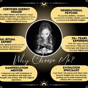 May include: A woman with long brown hair is holding a crystal ball. The text on the image reads "Certified Energy Healer", "Generational Psychic", "Real Ritual Expert", "20+ Years of Experience", "Why Choose Me?", "Manifestation Mentor", and "Divination Specialist".