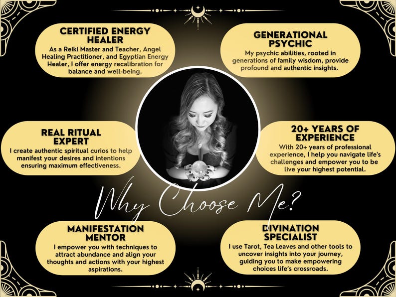 May include: A woman with long brown hair is holding a crystal ball. The text on the image reads "Certified Energy Healer", "Generational Psychic", "Real Ritual Expert", "20+ Years of Experience", "Why Choose Me?", "Manifestation Mentor", and "Divination Specialist".