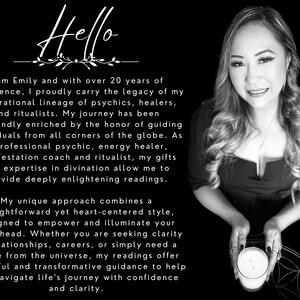 May include: A woman with long hair is sitting in front of a black background. She is holding a white candle in her hands. The text "Hello" is at the top of the image. The text below the woman describes her as a psychic, energy healer, and manifestation coach.