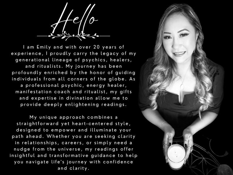 May include: A woman with long hair is sitting in front of a black background. She is holding a white candle in her hands. The text "Hello" is at the top of the image. The text below the woman describes her as a psychic, energy healer, and manifestation coach.