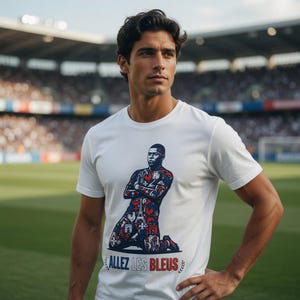 May include: White t-shirt featuring a graphic of a soccer player in a kneeling position, adorned with a red, white, and blue pattern. The text "ALLEZ LES BLEUS" is printed at the bottom. The shirt is worn by a person on a soccer field.