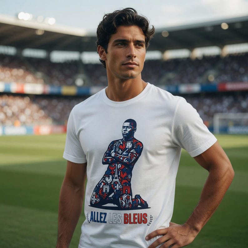 May include: White t-shirt featuring a graphic of a soccer player in a kneeling position, adorned with a red, white, and blue pattern. The text "ALLEZ LES BLEUS" is printed at the bottom. The shirt is worn by a person on a soccer field.