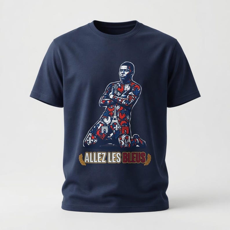 May include: Navy blue t-shirt featuring a graphic of a soccer player kneeling with arms crossed. The player's uniform is decorated with red, white, and blue patterns. The text "ALLEZ LES BLEUS" is printed below the player.