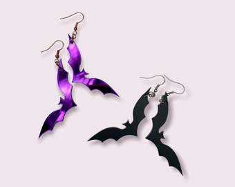 Spooky Halloween Hanging Mirror Purple or Black Dangle  Bat Earrings