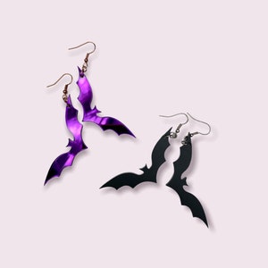 Spooky Halloween Hanging Mirror Purple or Black Dangle  Bat Earrings