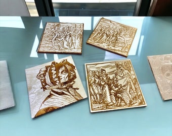 Witch Trials Coasters - Set of 4 Laser Engraved Wooden Coasters with Historical Scenes from the 1500s