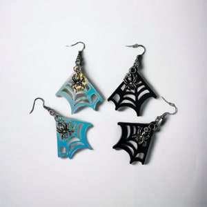 Black or Iridescent Spiderweb and Spider Charm Earrings