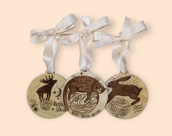 Holiday Yule Wooden Engraved Ornaments Set of 3