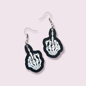 Skeleton Middle Finger Engraved Dangle Earrings in Black or Gold