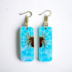Iridescent Spiderweb and Gold Spider Earrings