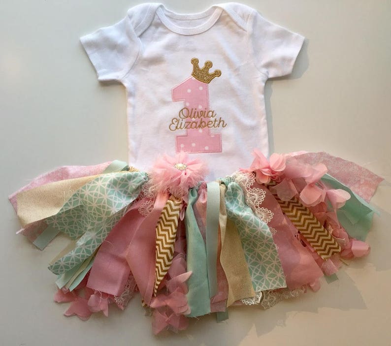 Fabric Tutu First Birthday Outfit Pink Cash Smash Outfit Gold Shabby Chic Tutu First Birthday Outfit Mint Baby Girl Birthday Outfit