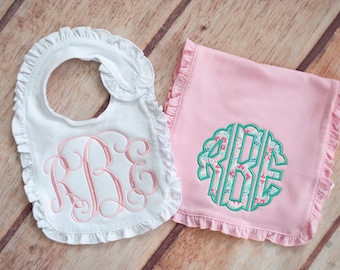 Embroidered and Applique Monogrammed Bib and Burp Cloth Set, Ruffle Bib and Burp Cloth Set, Baby Shower Gift, Baby Gift