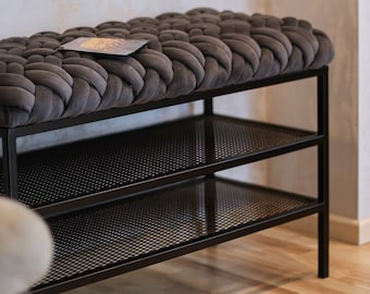 Velvet Upholstered Entryway Bench with Metal Shoe Rack