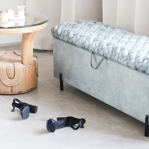 Ottoman bench with storage, trunk for bedroom end of bed, living room, cushion woven knot seat trunk with black metal legs