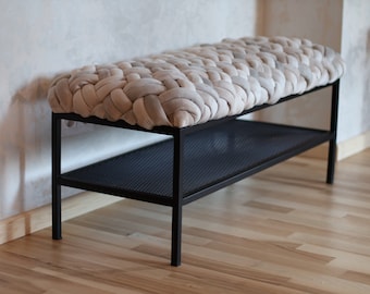 Woven Beige Velvet Bench – Metal Shoe Rack, Entryway Storage