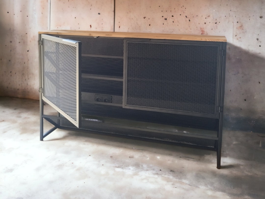 Shoe Console Table, Metal Mesh With Rustic Wooden Top for