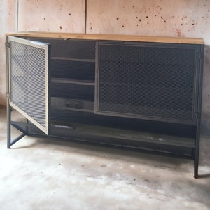 Shoe cabinet console table, metal mesh with rustic wooden top for entryway and mudroom