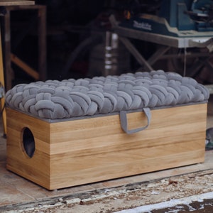 Wooden cat litter box enclosure bench, ottoman for bedroom, hallway and living room, cushion woven knot seat trunk