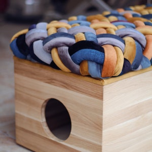 Custom cat pet litter box enclosure house, hidden toilet, wooden bench, ottoman, cushion woven knot seat trunk image 1