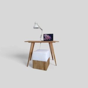 Home office, Solid natural oak wood desk with chair,  minimalist workspace