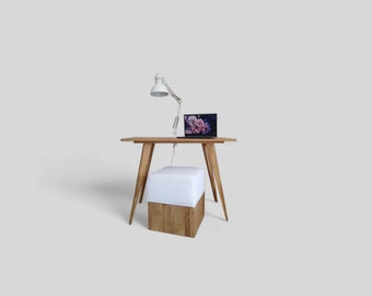 Home office, Solid natural oak wood desk with chair,  minimalist workspace