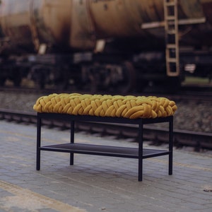 Woven mustard velvet upholstered bench, black metal shoe rack bench with storage, bench for entryway, mudroom bench, shoe cabinet, knotted